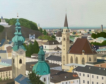 Salzburg, original oil painting on canvas, Austrian cityscape, framed