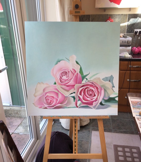Three Pink Roses Original Oil Painting on Canvas, Large Square
