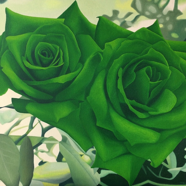 Green Roses original oil painting on canvas, photorealistic art, floral wall art, flowers