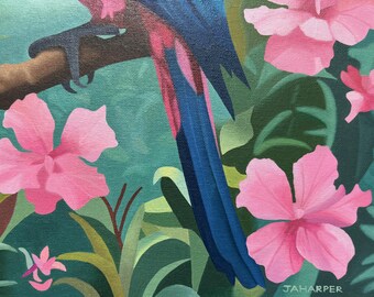 熱帯の鳥の油絵：ピンクのジャングルの花、額入りキャンバスアート