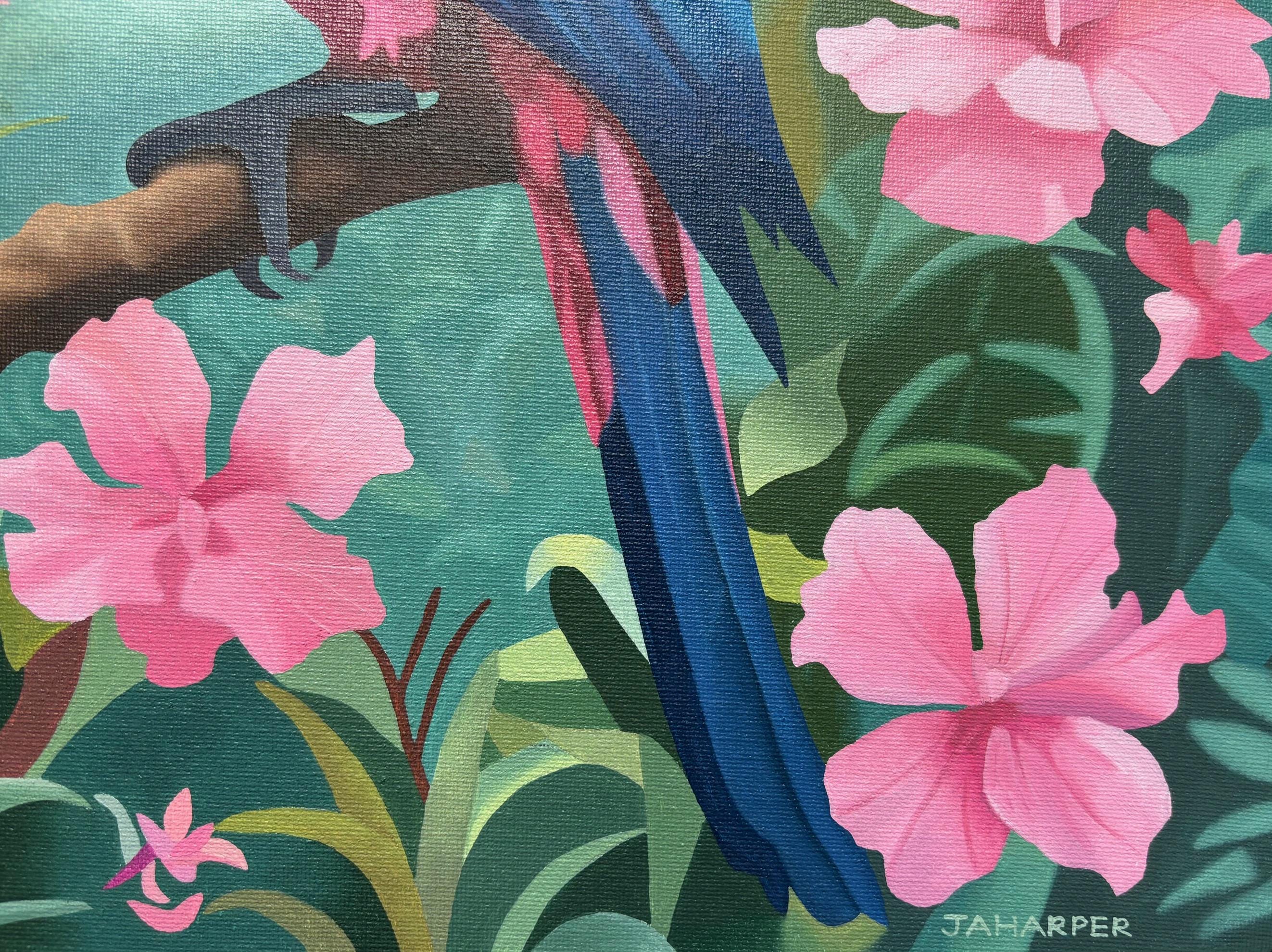 熱帯の鳥の油絵：ピンクのジャングルの花、額入りキャンバスアート