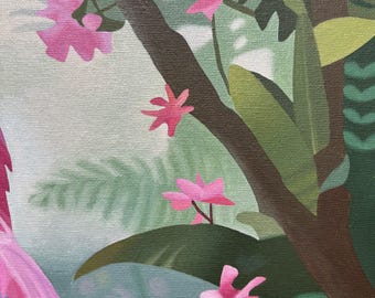 熱帯の鳥の油絵：ピンクのジャングルの花、額入りキャンバスアート