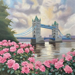 Tower Bridge With Roses, original oil painting on canvas, London monuments, pink flowers, framed landscape