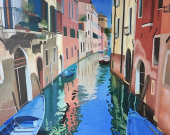 Venice III, limited edition print of original oil painting, colourful buildings, architecture, canal, reflections, blue, gondolas