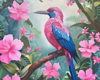 熱帯の鳥の油絵：ピンクのジャングルの花、額入りキャンバスアート