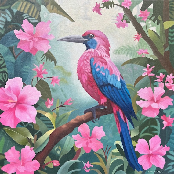 熱帯の鳥の油絵：ピンクのジャングルの花、額入りキャンバスアート