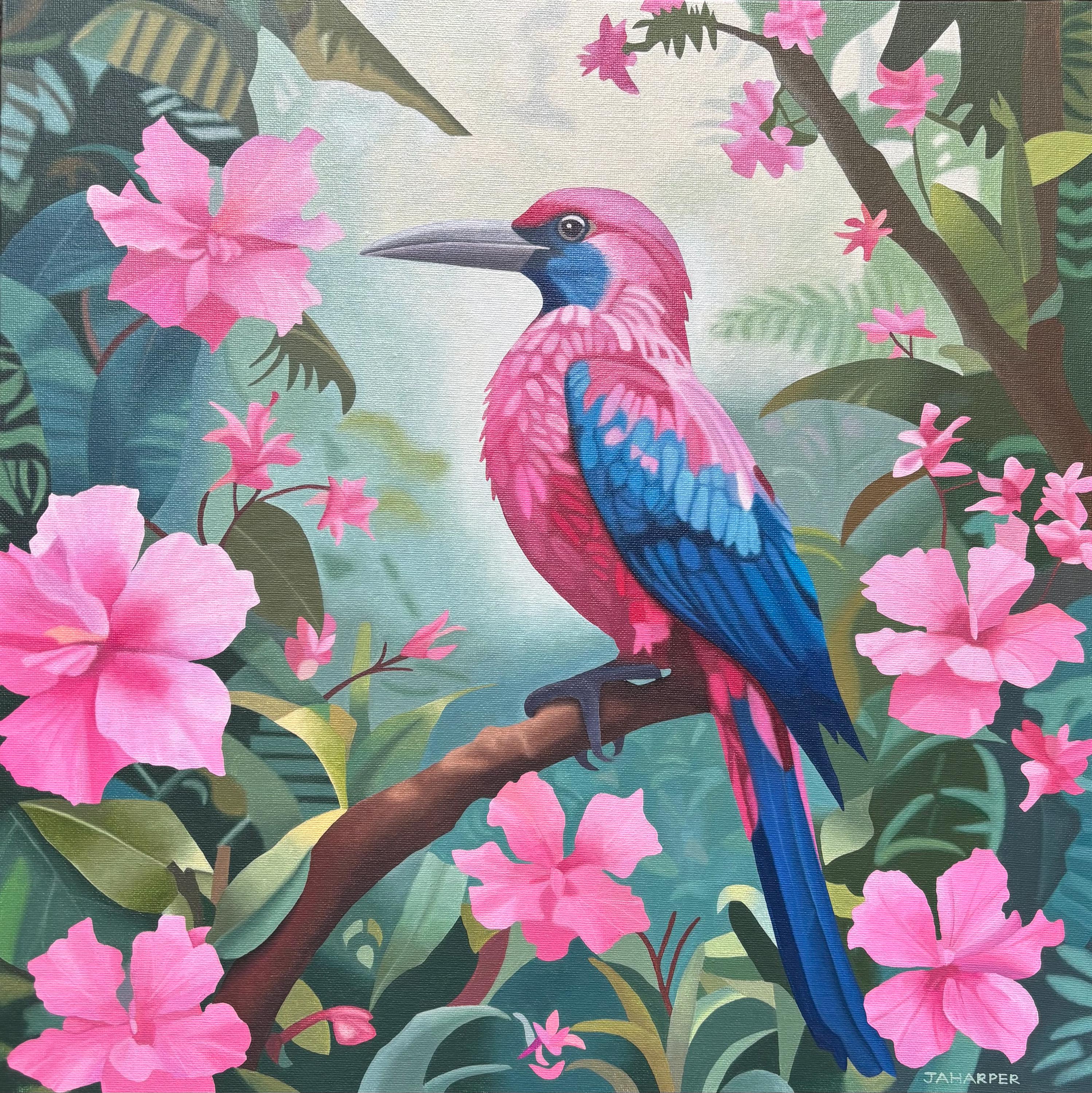 油彩画 花 ピンク ダークグリーン 鶴田吾郎 『花とカナリヤ』 油彩画 - 北海道画廊
