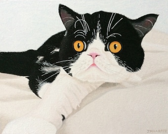 Tuxedo Cat Oil Painting on Canvas, Small Framed Artwork