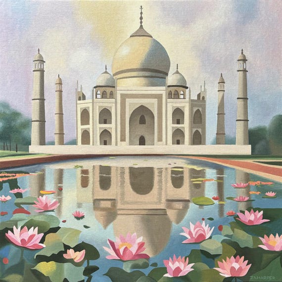 女性とタージ・マハル 油彩画 タージ・マハルのキャンバス油絵：インド、蓮の花、建築 - Etsy 日本