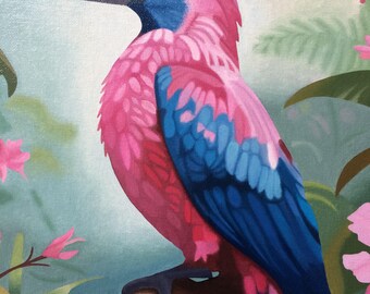 熱帯の鳥の油絵：ピンクのジャングルの花、額入りキャンバスアート