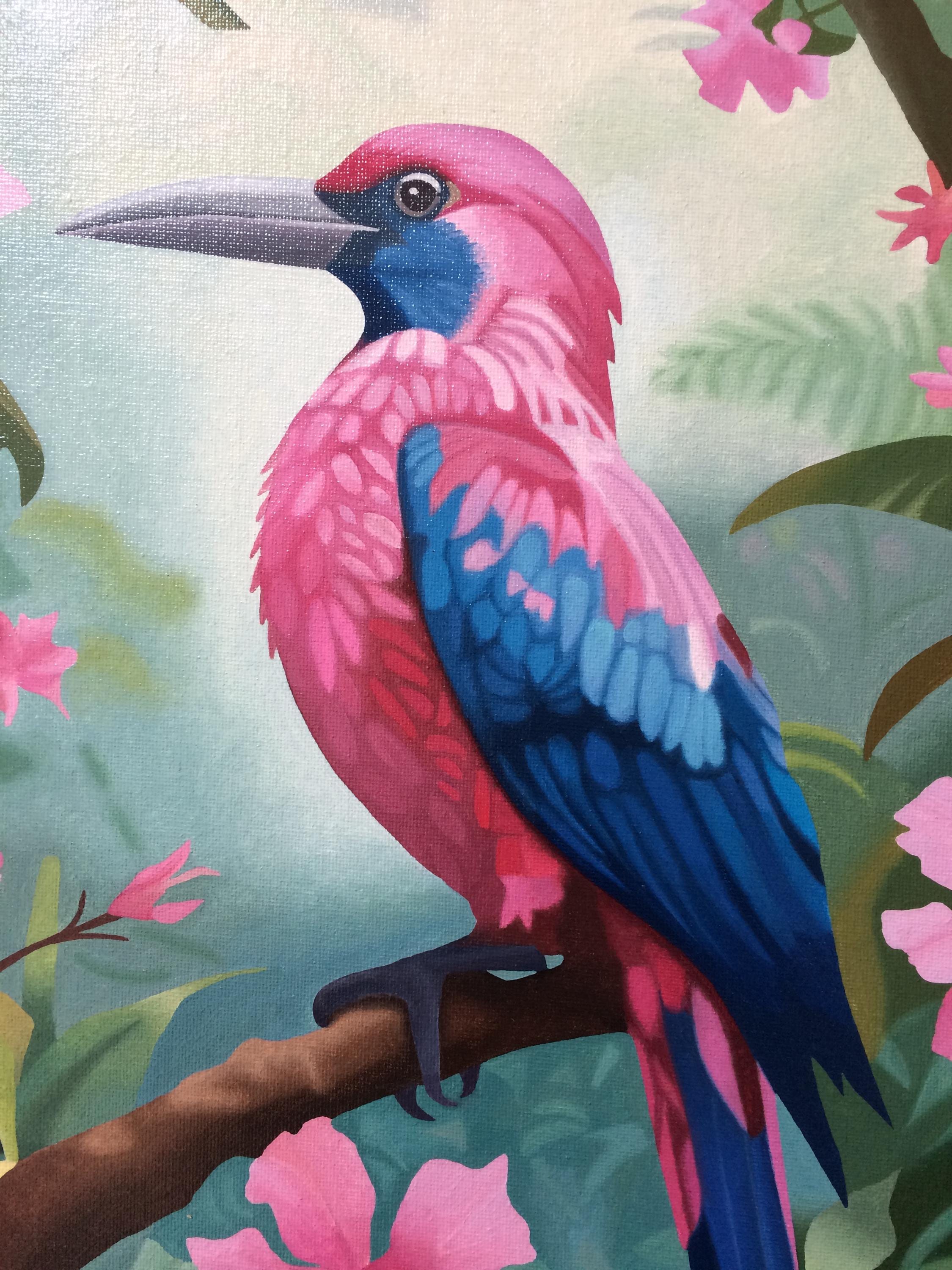 熱帯の鳥の油絵：ピンクのジャングルの花、額入りキャンバスアート