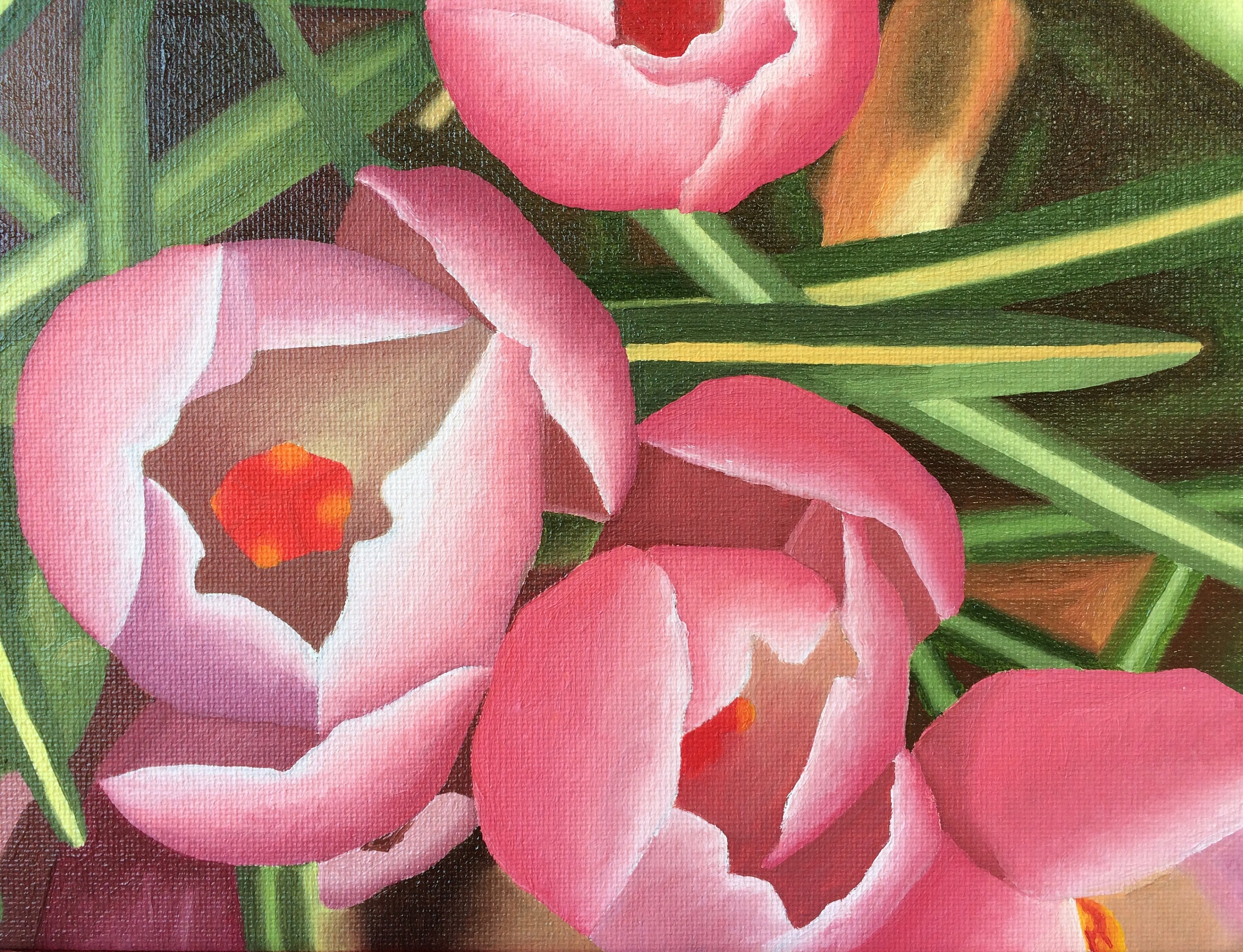 ピンクのクロッカスの油絵：春の花畑、額入りアート（26x18） - Etsy 日本