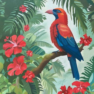 Tropical Bird Oil Painting: Red Bird, Jungle Flowers, Framed Canvas Art