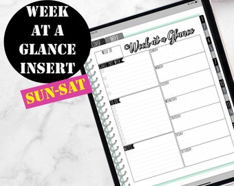 Sun-Sat Week at a Glance Insert, Weekly Planner Printable Digital Download, GoodNotes Planner Insert, Good Notes Digital Insert 00208