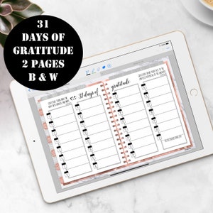 May include: A digital planner with a marble background and rose gold accents. The planner is open to two pages, each with a list of 31 days. The text "31 days of gratitude" is written at the top of the page.
