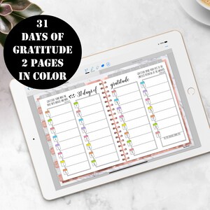 May include: A printable gratitude journal with 31 days of prompts. The journal is designed with a marble background and rose gold accents. The text "31 days of gratitude" is written in a cursive font.