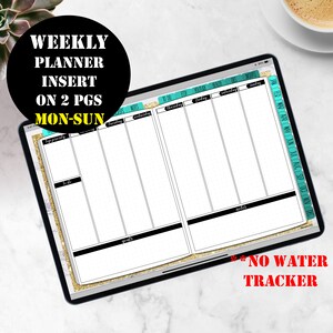 May include: A digital weekly planner on a tablet screen. The planner has a black and white design with a dotted background. The days of the week are labeled at the top of each column. The planner includes sections for "Top Priority", "To Do", "Goals", and "Notes". The text "MON-SUN" is displayed in a yellow box at the top of the planner. The text "NO WATER TRACKER" is displayed in a red box at the bottom of the planner.