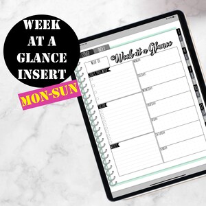 Mon-Sun Week at a Glance Insert, Weekly Planner Printable Digital Download, GoodNotes Planner Insert, Good Notes Digital Insert 00208