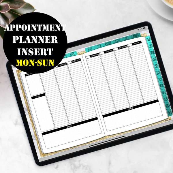 Monday-Sunday Vertical Weekly Planner Printable Digital Download, GoodNotes Planner Insert Week on 2 pages Appointment Insert 00215