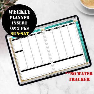 May include: A digital planner template on a tablet screen. The planner is designed for weekly use, with sections for each day of the week, from Sunday to Saturday. The planner includes sections for top priority tasks, to-do lists, goals, and notes. The planner also includes a water tracker.