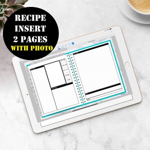 May include: A digital tablet displaying a printable recipe planner with a marble background. The planner has two pages with sections for ingredients, instructions, prep time, total time, servings, and rating. The text "Recipe Planner" is at the top of the page.