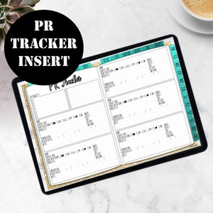 May include: A digital PR tracker insert on a tablet. The insert features a layout with sections for contact information, compensation, and notes. The text "PR TRACKER INSERT" is in a black circle. The tablet has a gold glitter border.