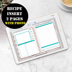 May include: A printable recipe insert for a planner or journal. The insert has two pages with a space for a photo, prep time, total time, servings, rating, ingredients, directions, and notes. The insert has a marble background with rose gold accents.