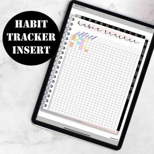 May include: A printable habit tracker insert for a planner or journal. The insert has a grid with boxes for each day of the year, with columns for each month. The top of the insert has a section for writing in habit names, with colored boxes for tracking progress.