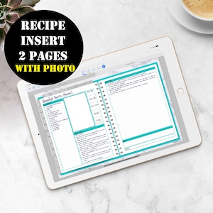May include: A digital tablet displaying a printable recipe planner with a turquoise and gray color scheme. The planner has a section for ingredients, instructions, prep time, total time, servings, and notes. The recipe shown is for "Breakfast Burritos (Freezer)".