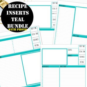 May include: Teal printable recipe card templates with sections for prep time, total time, servings, ingredients, directions, source, changes, and rating. The cards have a teal border and a white background.