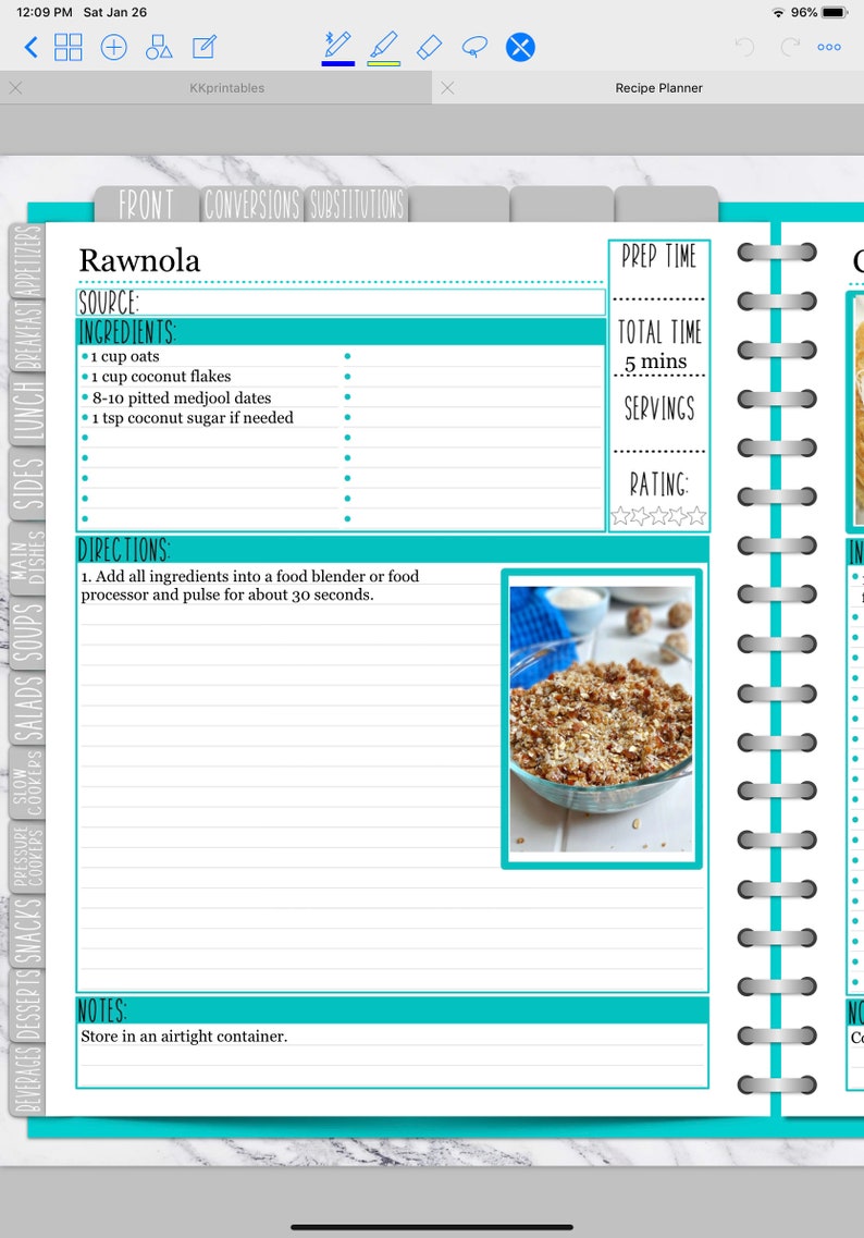 May include: A recipe for Rawnola, a no-bake granola recipe, with ingredients listed and directions for making it in a food processor. The recipe includes 1 cup of oats, 1 cup of coconut flakes, 8-10 pitted medjool dates, and 1 teaspoon of coconut sugar. A photo of the finished Rawnola is shown in a clear glass bowl.