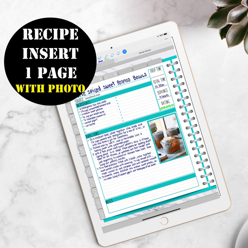 May include: A recipe for spiced sweet potato bowls with a photo of the finished dish in two glass jars. The recipe includes ingredients, directions, and notes. The recipe is written in a handwritten style on a light blue background with a turquoise border.