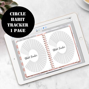May include: A digital planner page with two circle habit trackers. Each tracker has a grid of 30 sections and the text "Habit Tracker" in a cursive font.