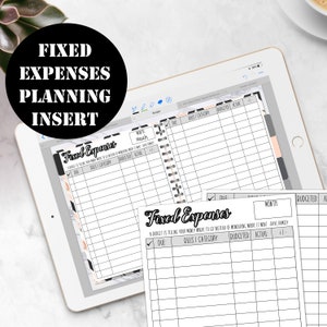 May include: A printable planner page with a black and white marble background. The page is titled "Fixed Expenses" and includes columns for "Due", "Bills/Category", "Budgeted", "Actual", and "+/-".
