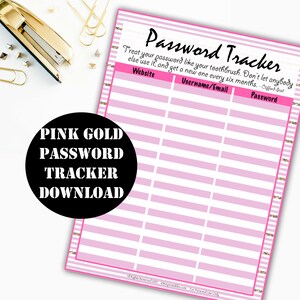 Può includere: Un tracker di password stampabile rosa e bianco con accenti di glitter dorati. Il tracker ha una citazione: "Tratta la tua password come il tuo spazzolino da denti. Non lasciare che nessuno la usi e prendine una nuova ogni sei mesi. -Cfjord Sol". Il tracker ha colonne per il sito web, nome utente/e-mail e password.