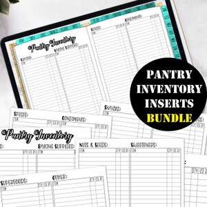 May include: A printable pantry inventory bundle with a black and white design. The bundle includes pages for spices, condiments, baking supplies, nuts and seeds, sweeteners, superfoods, and other items. Each page has a section for item name and quantity to use by date.