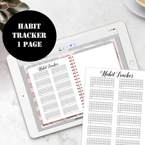 May include: A digital tablet displaying a printable habit tracker page with a white background and black grid lines. The page is titled "Habit Tracker" and is divided into two sections, each with 10 rows and 7 columns. The tablet is on a white surface with a marble pattern.