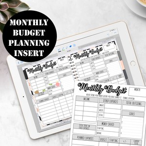 May include: A printable monthly budget planner with sections for income, other expenses, total outgoing, wants, needs, goals, money saved, planned expenses, budget, and starting balance. The planner has a black and white design with a marble background.