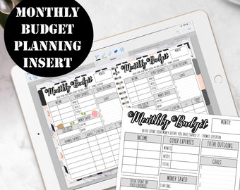 May include: A printable monthly budget planner with sections for income, other expenses, total outgoing, wants, needs, goals, money saved, planned expenses, budget, and starting balance. The planner has a black and white design with a marble background.