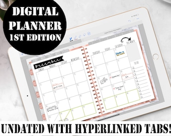 Op de afbeelding: Een digitale planner met een roze gouden en wit marmeren ontwerp. De planner is open voor december en heeft een to-do lijst aan de rechterkant. De planner is niet gedateerd en heeft hyperlinks naar tabbladen.