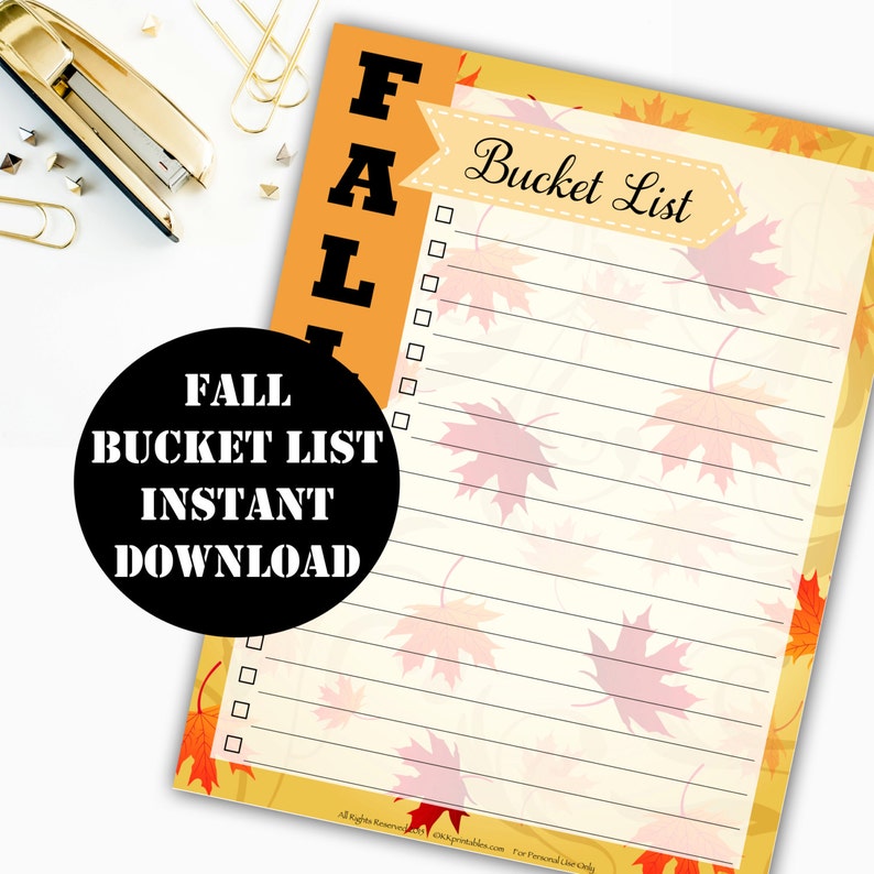 May include: Printable fall bucket list with a yellow, orange, and red background with a pattern of maple leaves. The text "FALL" is in large black letters and the text "Bucket List" is in black cursive writing.