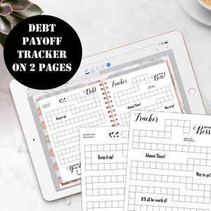 Op de afbeelding: Een printbare schuldaflossingstracker met een zwart-wit rasterontwerp. De tracker is verdeeld in twee pagina's, elk met een andere motiverende boodschap. De eerste pagina zegt "Ga zo door!" en de tweede pagina zegt "Het zal allemaal de moeite waard zijn!"