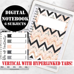 May include: A digital notebook with a pink and black chevron pattern cover. The notebook has six subjects and includes hyperlinked tabs. The text "DIGITAL NOTEBOOK 6 SUBJECTS" is displayed in a black circle at the top of the image. The text "VERTICAL WITH HYPERLINKED TABS!" is displayed in red at the bottom of the image.