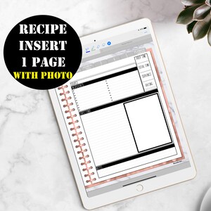 May include: Printable recipe planner page with a marble background and rose gold accents. The page includes sections for ingredients, directions, notes, prep time, total time, servings, and rating. There is also a space for a photo.