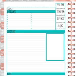 May include: A printable recipe planner with sections for source, ingredients, directions, notes, prep time, total time, servings, and rating. The planner has a light blue and white colour scheme with a rose gold border.