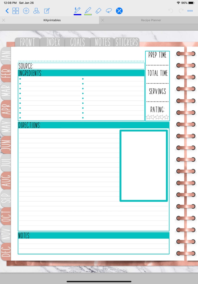 May include: A printable recipe planner with sections for source, ingredients, directions, notes, prep time, total time, servings, and rating. The planner has a light blue and white colour scheme with a rose gold border.