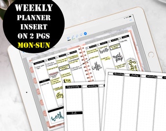 Mon-Sun Weekly Planner Printable Digital Download, GoodNotes Planner Insert Week on 2 pages, Good Notes Digital planner notebook 00150