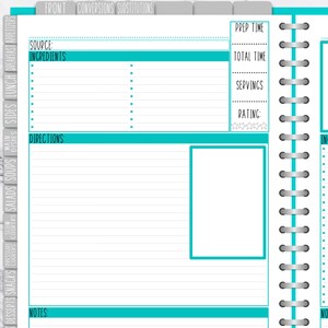 May include: A printable recipe planner with a turquoise and grey colour scheme. The planner has sections for the recipe name, source, ingredients, directions, conversions, substitutions, prep time, total time, servings, rating, and notes. The planner is designed to be used in a binder.