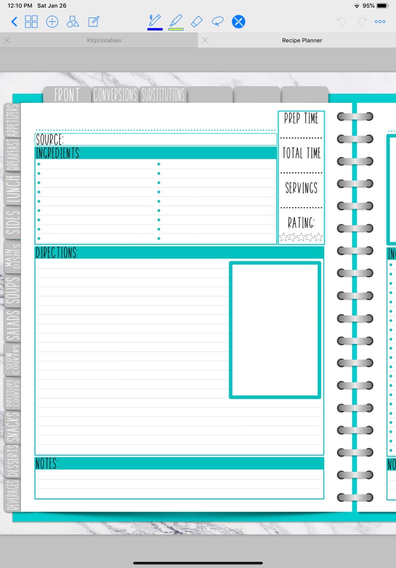 May include: A printable recipe planner with a turquoise and grey colour scheme. The planner has sections for the recipe name, source, ingredients, directions, conversions, substitutions, prep time, total time, servings, rating, and notes. The planner is designed to be used in a binder.