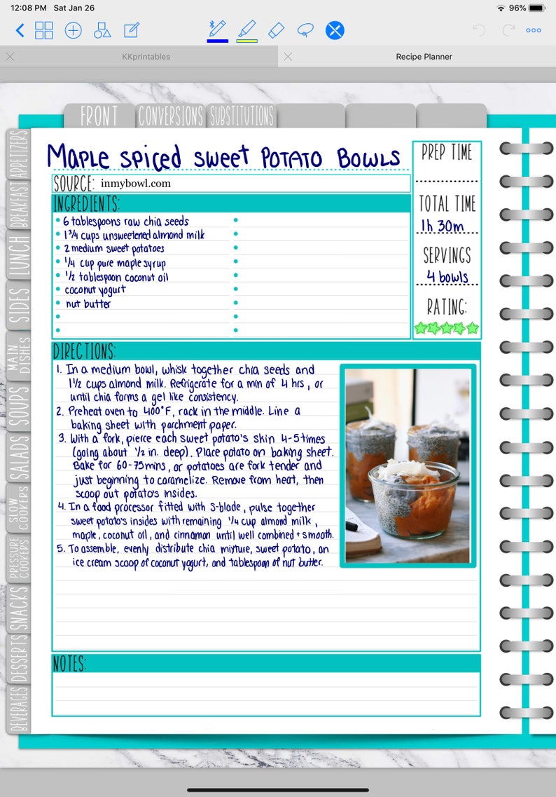 May include: A recipe planner page with a handwritten recipe for maple spiced sweet potato bowls. The recipe includes ingredients such as chia seeds, almond milk, sweet potatoes, maple syrup, coconut oil, coconut yogurt, and nut butter. The recipe also includes instructions and a rating section with five stars.